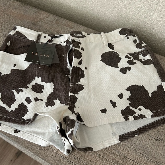 High-Rise Cow-Print Denim Shorts — White & Brown - Picture 2 of 2